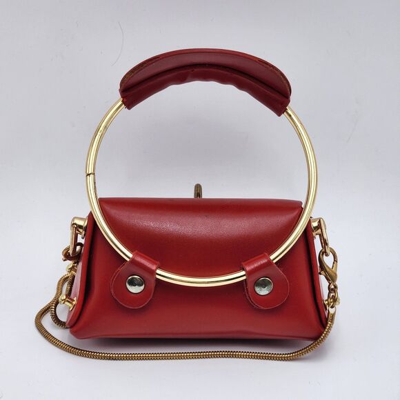 Micro Mini Red Gold Circle Handle Crossbody Bag - Picture 4 of 10